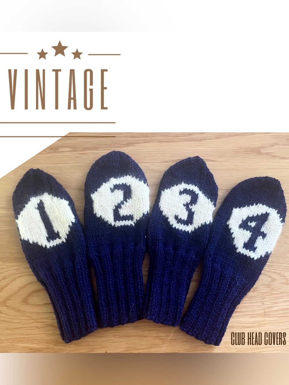 Vintage Hand Knit Navy Golf Club Head Covers Set of 4 #1 #2 #3 & #4